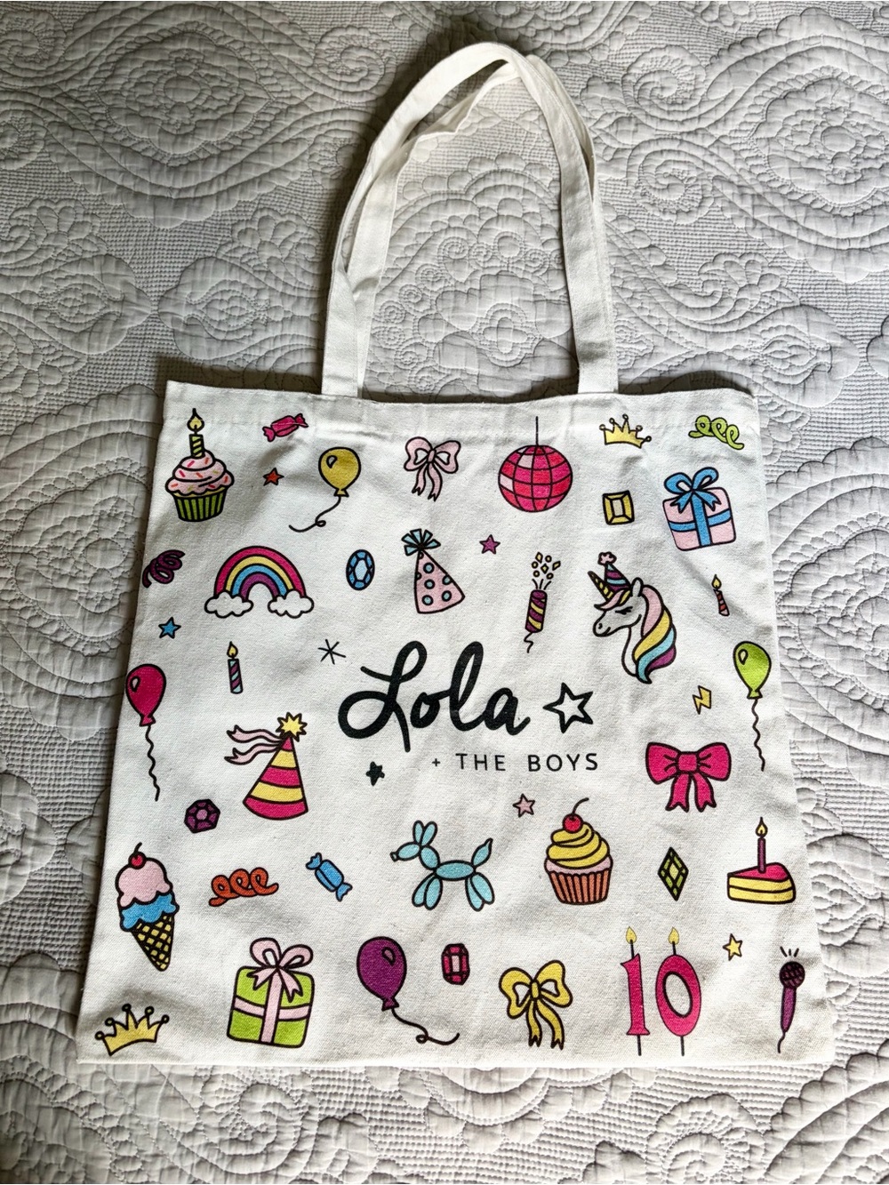 Lola + The Boys White Anniversary Tote Bag with Rainbow Unicorn & Party Print